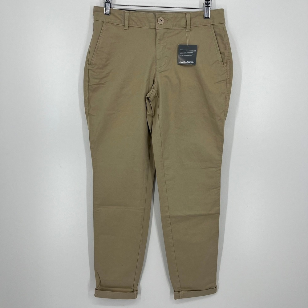 Eddie Bauer Legendwash Stretch Khaki Pants Womens 2 Boyfriend Slim Tapered Tan